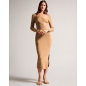 Dusky Pink Sleeves Cross Over Bodycon Midi Knitted Dress 