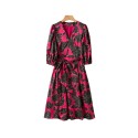 Rose Pink Black V Neck Blouson Sleeves Wrap Midi Dress XS -XL