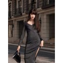 Original Fashion Bodycon Metallised  Knitted Sleeves Midi Dress Size 0-5