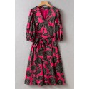 Rose Pink Black V Neck Blouson Sleeves Wrap Midi Dress XS -XL