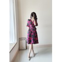 Rose Pink Black V Neck Blouson Sleeves Wrap Midi Dress XS -XL