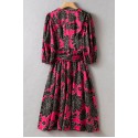 Rose Pink Black V Neck Blouson Sleeves Wrap Midi Dress XS -XL