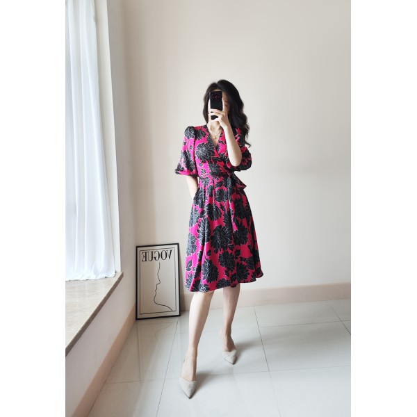 Rose Pink Black V Neck Blouson Sleeves Wrap Midi Dress XS -XL