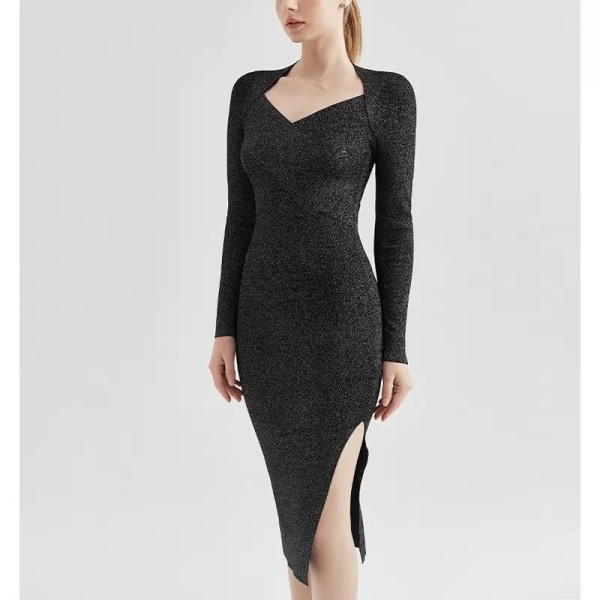 Original Fashion Bodycon Metallised  Knitted Sleeves Midi Dress Size 0-5